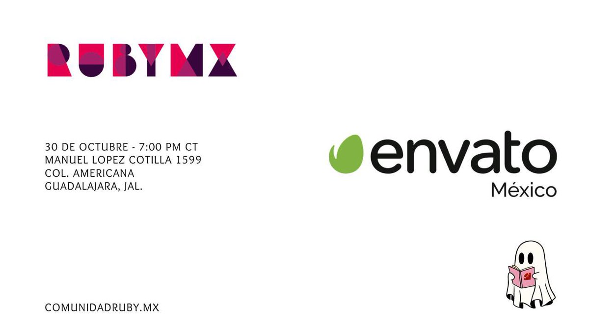 Todavía no es Día de los Muertos, pero nosotros ya regresamos desde la tumba para una próxima sesión.🧟🎃

Esperen más adelante el anuncio de nuestros speakers, así como el registro.

Agradecimiento especial a <a href="/envato/">Envato</a> por prestarnos su espacio para esta edición. 

#rubymx
