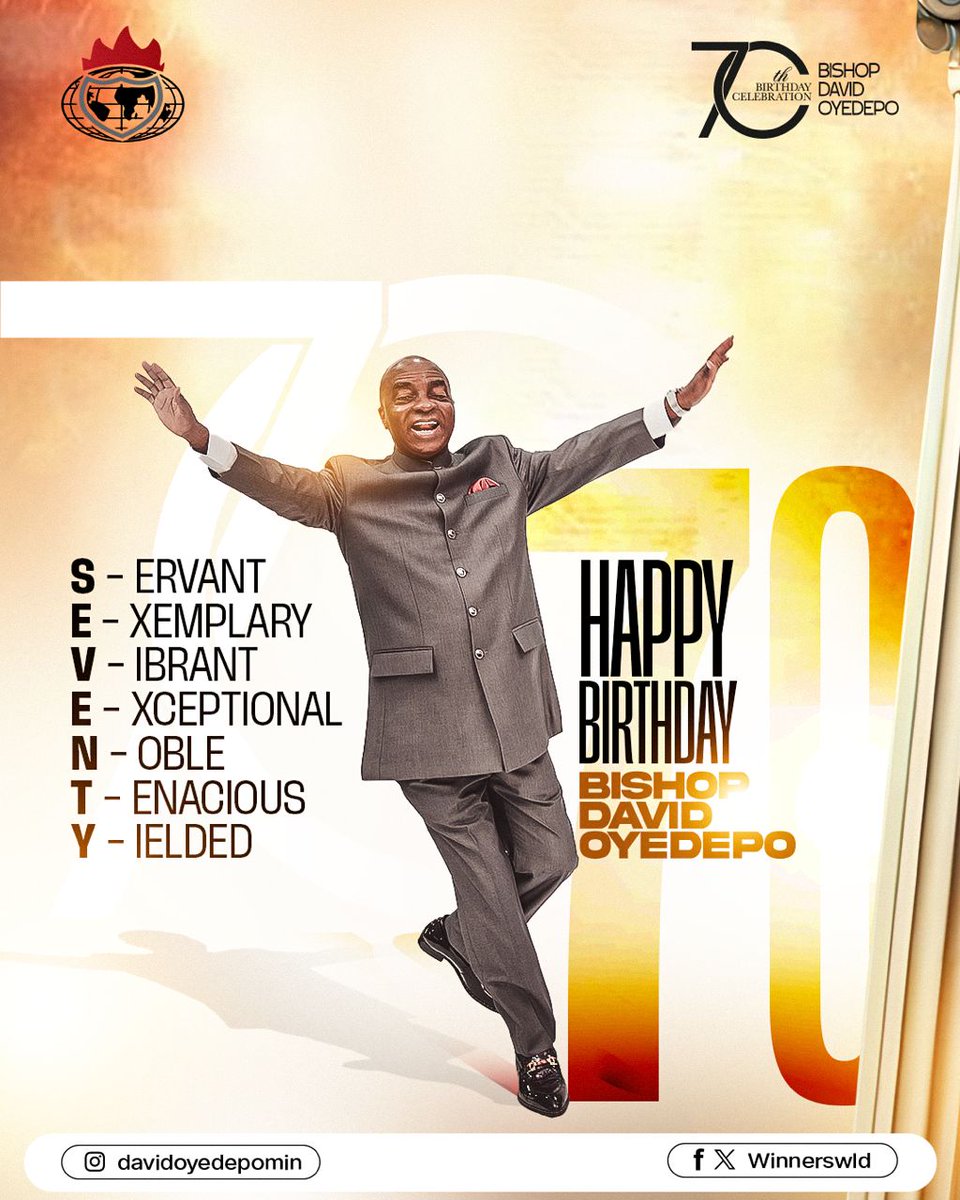 Happy 70th Glorious Birthday to our beloved Father, Bishop David Oyedepo! 🎉 We celebrate your unwavering faith, visionary leadership, and impactful teachings that have transformed countless lives worldwide. Your dedication to advancing the Kingdom of God is an inspiration to us