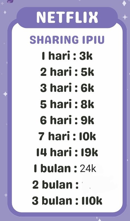 Netflix 2u
1 hri 2k
2 hari 4k
3 hari 5k
5 hari 6k
6 hari 7k
7 hari 8k
10 hari 11k
14 hari 14k
1 bulan 17k
2 bulan 27k
3 bulan 37k

wa.me/message/ID374D…