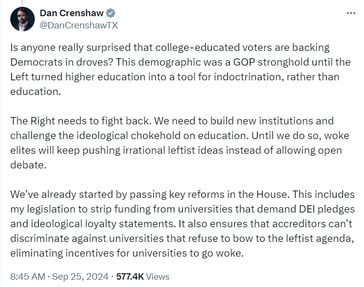 SwannMarcus89's tweet image. Support among the college-educated collapsed for the GOP in literally one election cycle when they made Donald Trump their presidential nominee, but they can't criticize Trump due to being a cult so they have to pretend it's due to educational indoctrination