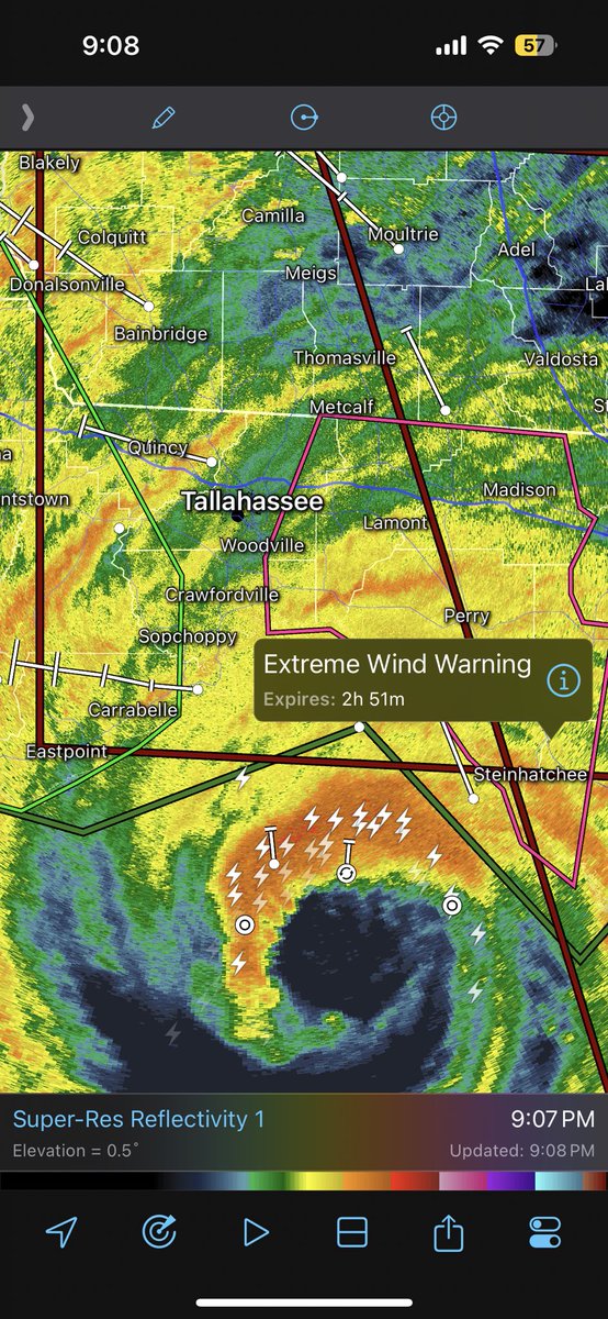 NickhWX's tweet photo. An #ExtremeWindWarning has been issued for areas east of Tallahassee, FL as #Helene’s eyewall approaches the coastline. Extreme winds of 115mph+ are likely for locations in the warning. #FLwx #wxtwitter https://t.co/7CxnY8UlpM