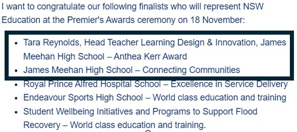 Proud moment for  <a href="/JamesMeehanHS/">James Meehan HS</a>. Their dedication to improving educational outcomes for all students has been recognised  being named finalist for two NSW Premier’s Awards <a href="/_iEndo/">Karen Endicott</a> @DebSummerhayes <a href="/MsRatusau/">MsRatusauPE</a>  <a href="/PBordado/">Tim Bordado</a> <a href="/k_rigas/">Kay Rigas</a> <a href="/dizdarm/">Murat Dizdar</a> #NSWAwards #EducationExcellence