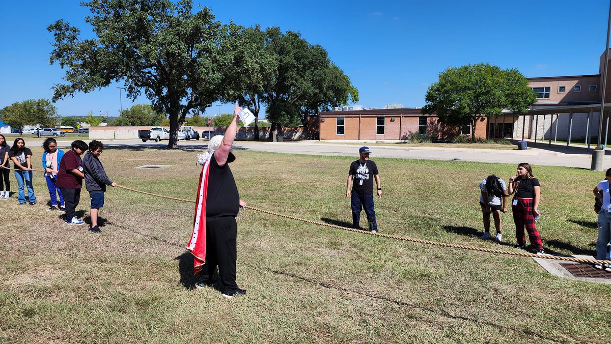 GoodnightSMCISD's tweet photo. Today's lesson was outside for Mr. Cross's and Mr. Lamkins's US History classes.  The American Revolution Simulation with tug of war battles.  Kids had a blast! #socialstudies #teachers #ALLIN #engaged @SanMarcosCISD https://t.co/9G5HZCVvfk