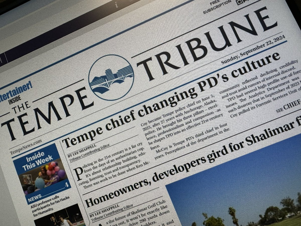 TempePolice's tweet photo. Front Page News!
Proud to see our Tempe Police Chief Ken McCoy featured in this week’s Tempe Tribune —sharing many of the positive changes taking place with TPD, thanks to all of the men and women under his leadership. 
#kindnesschief   #Tempe #Leadership  https://t.co/NN7HrzHcrp https://t.co/JdjigSaejn