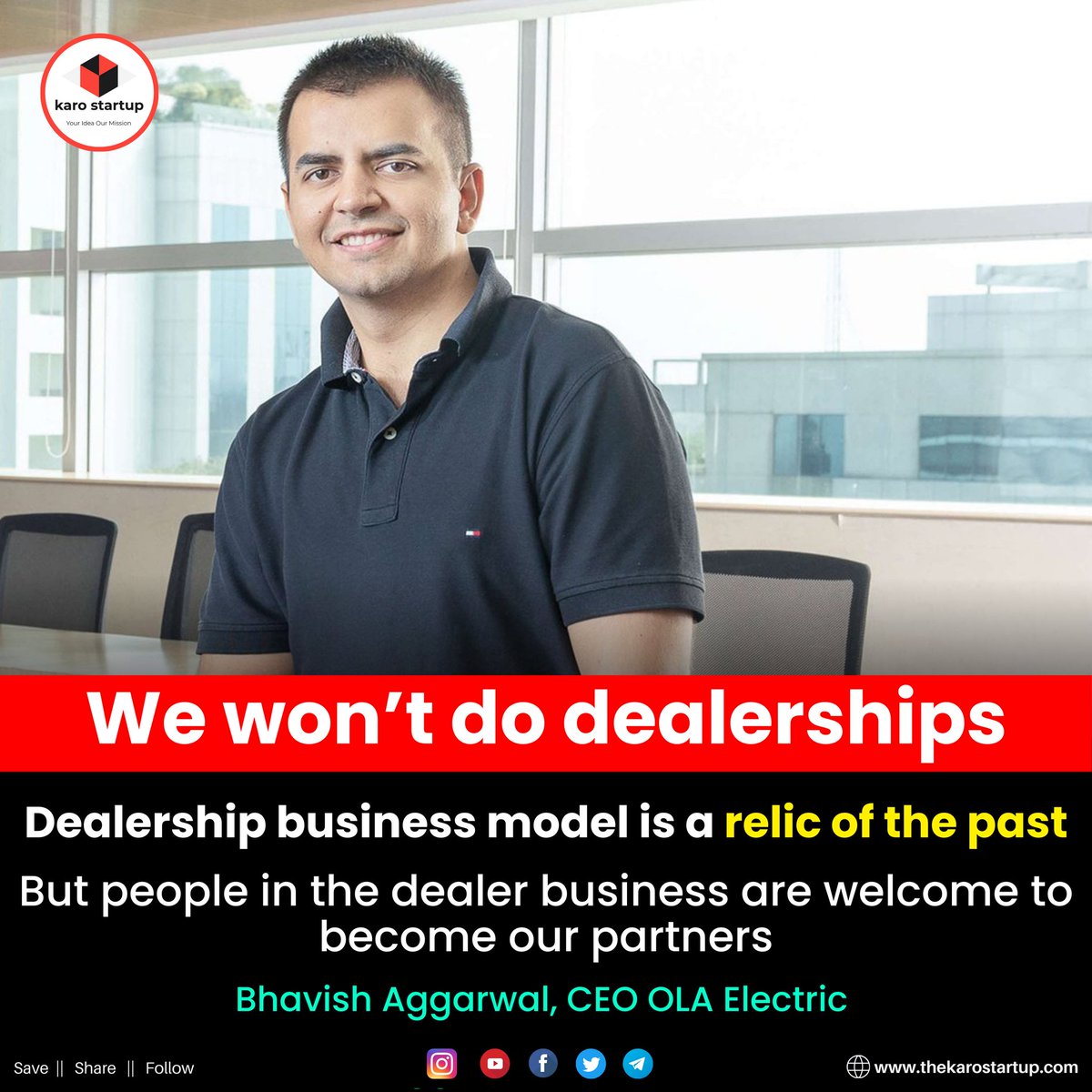 karo_startup's tweet photo. We won’t do dealerships. Dealership business model is a relic of the past. But people in the dealer business are welcome to become our partners

#Leadership #startups https://t.co/6SR2cdyHJI