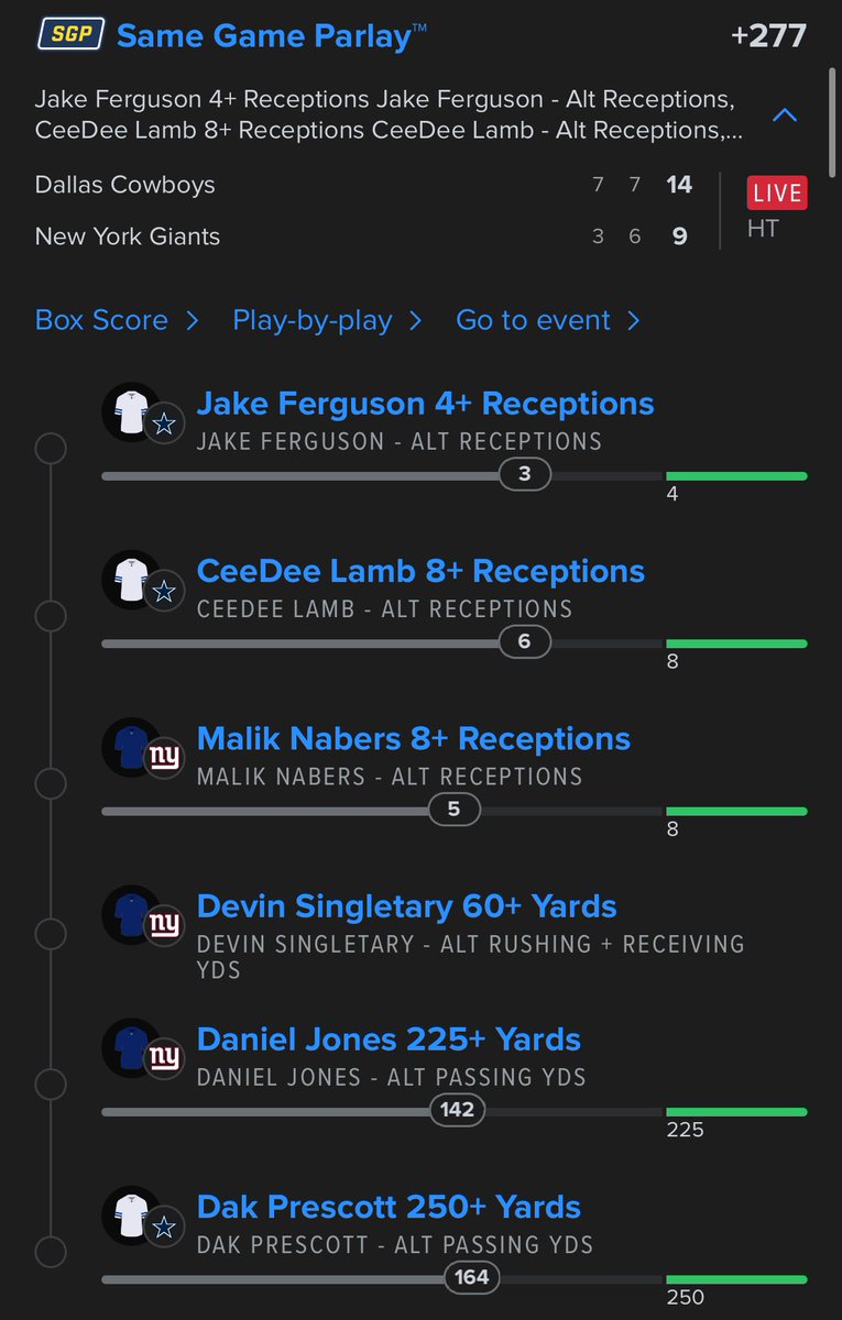MD__Sports's tweet photo. LIVE #ThursdayNightFootballonPrime HALFTIME PARLAY
1U +277
Link Below
~MD Sports
#NFL #ThursdayNightFootball #TNFonPrime #DallasCowboys #NewYorkGiants #DakPrescott #DanielJones #CeedeeLamb #MalikNabers #DevinSingletary #JakeFerguson #DALvsNYG #Bettingx https://t.co/J8DfzDgZa1