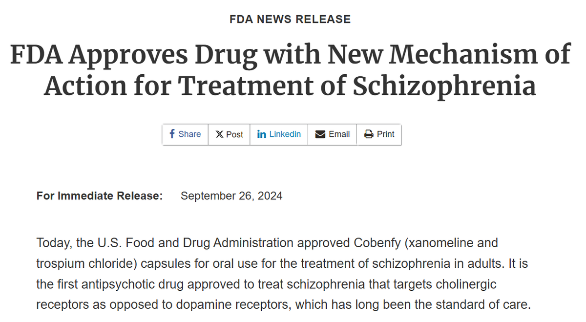 US FDA approves first-in-class antipsychotic Cobenfy (previously KarXT)

Xanomeline: central M1 &amp; M4 agonist
Trospium: non-brain-penetrant, non-selective muscarinic antagonist (to combat peripheral muscarinic effects)

FDA: bit.ly/4dpTj2Z
Rx info: bit.ly/3XY5zTR