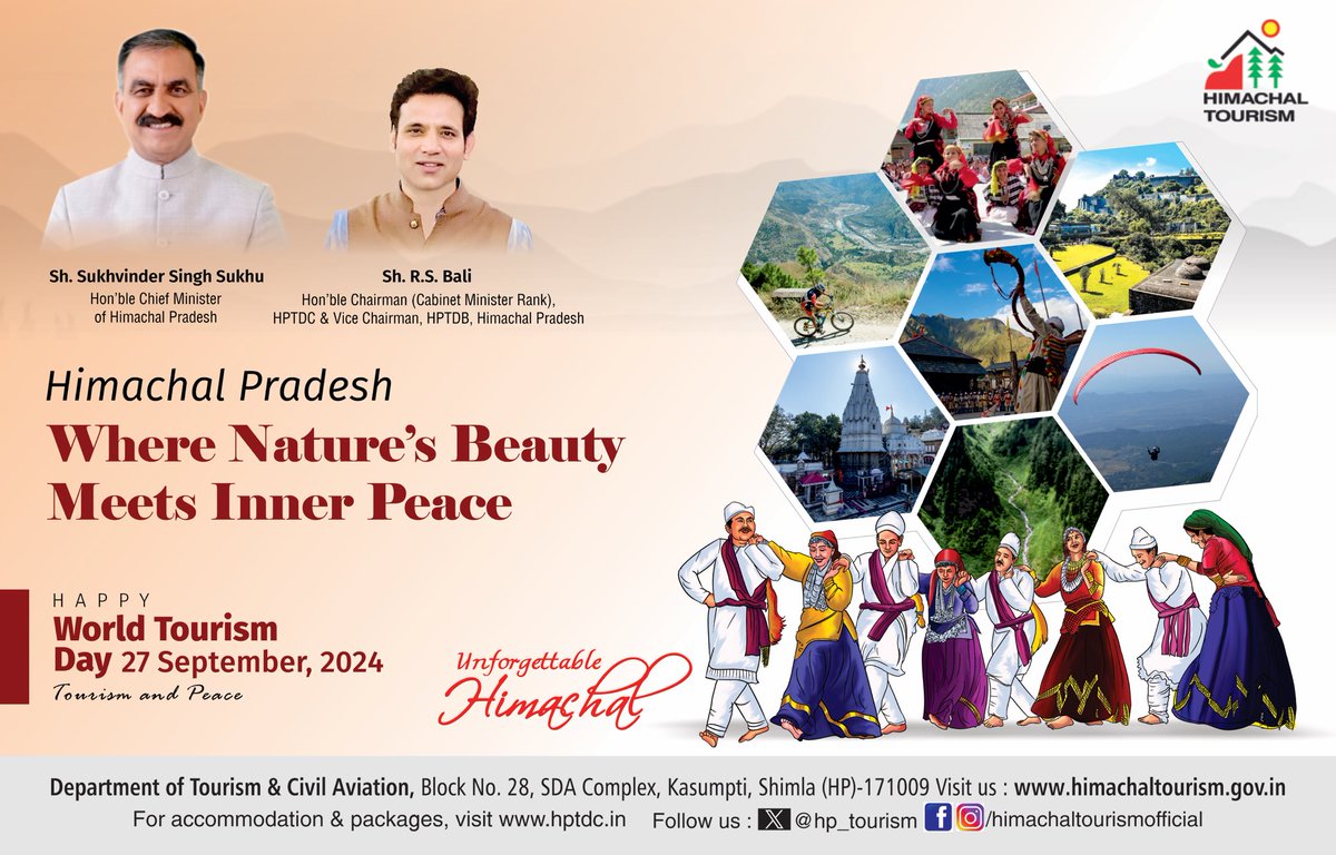 Himachal: Where Nature’s Beauty Meets Inner Peace
This World Tourism Day, embrace the theme of "Tourism and Peace" in the serene landscapes of Himachal Pradesh. From tranquil valleys to majestic peaks, find adventure, calm, and a deep connection to nature. 🏞️🧘‍♂️
#WorldTourismDay