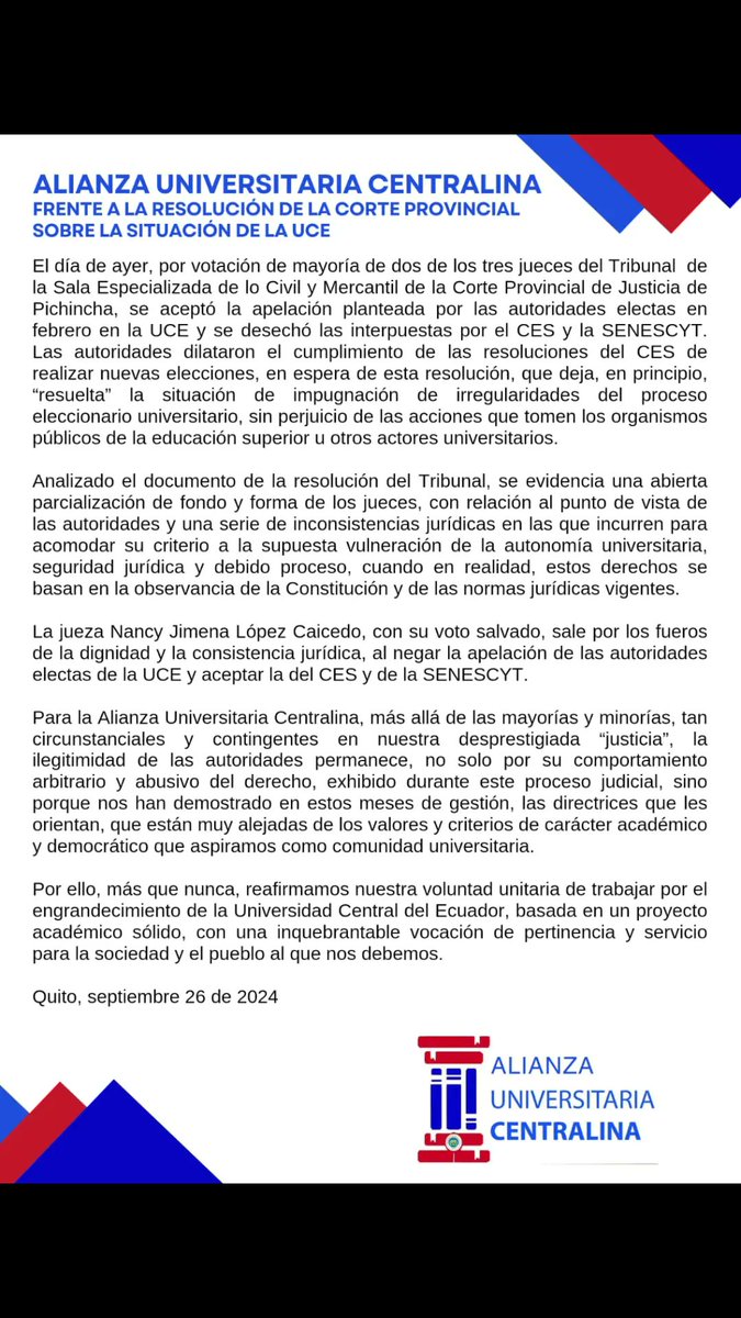 UCE_Colectiva's tweet photo. _Manifiesto de la Alianza Universitaria Centralina, frente a la resolución de la Corte Provincial sobre la situación de la Universidad Central del Ecuador._ https://t.co/8D1JYLObB6