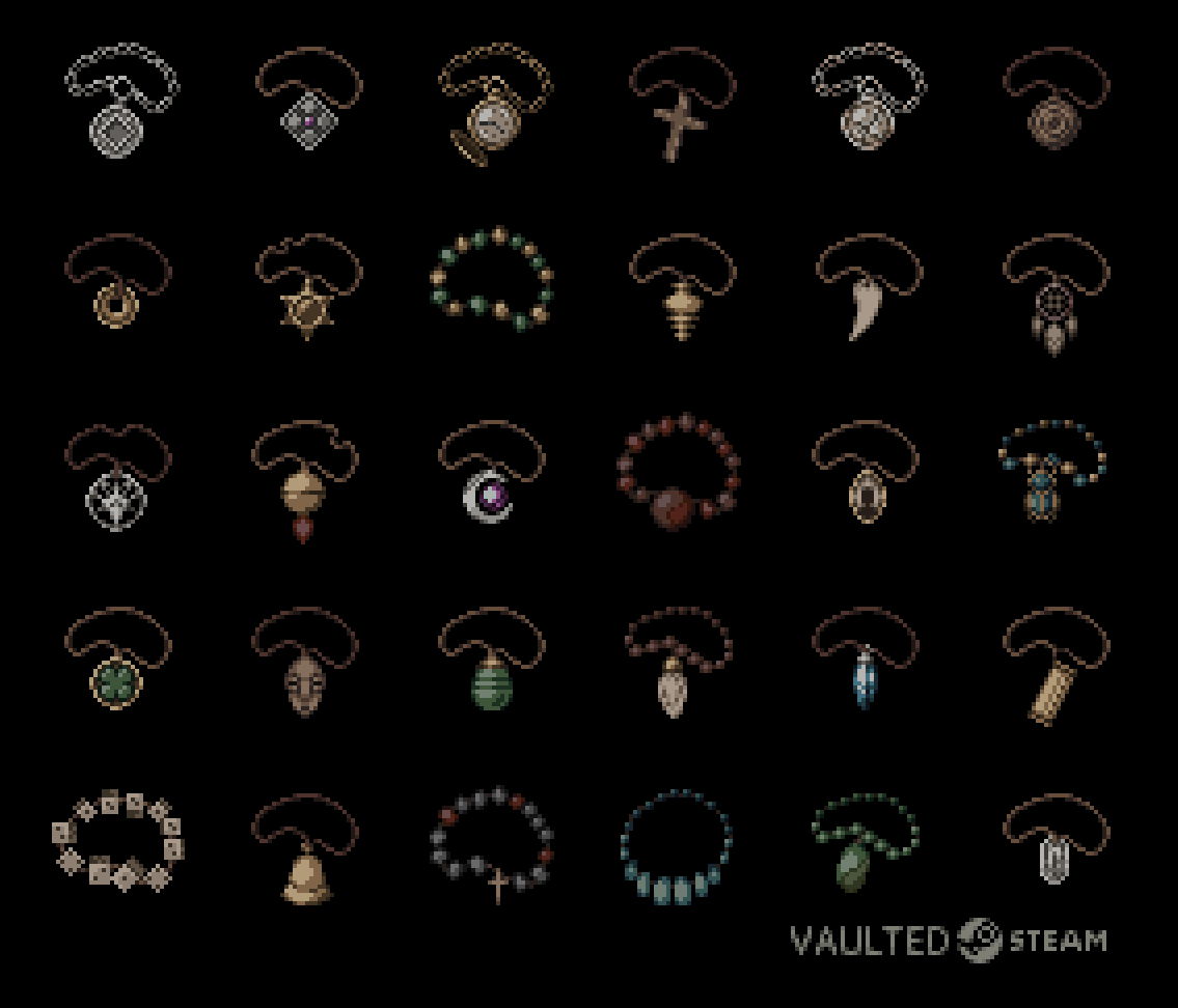 Happy #FollowFriday ! Some pixel Amulets from roguelite Vaulted! 🔮
#IndieGames #IndieDev #PixelArt #Roguelike #Roguelite