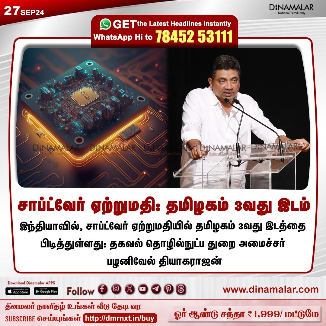 dinamalarweb's tweet image. சாப்ட்வேர் ஏற்றுமதி: தமிழகம் 3வது இடம் 
#Thiagarajan | #DMK | #softwareExport | #TN
dinamalar.com