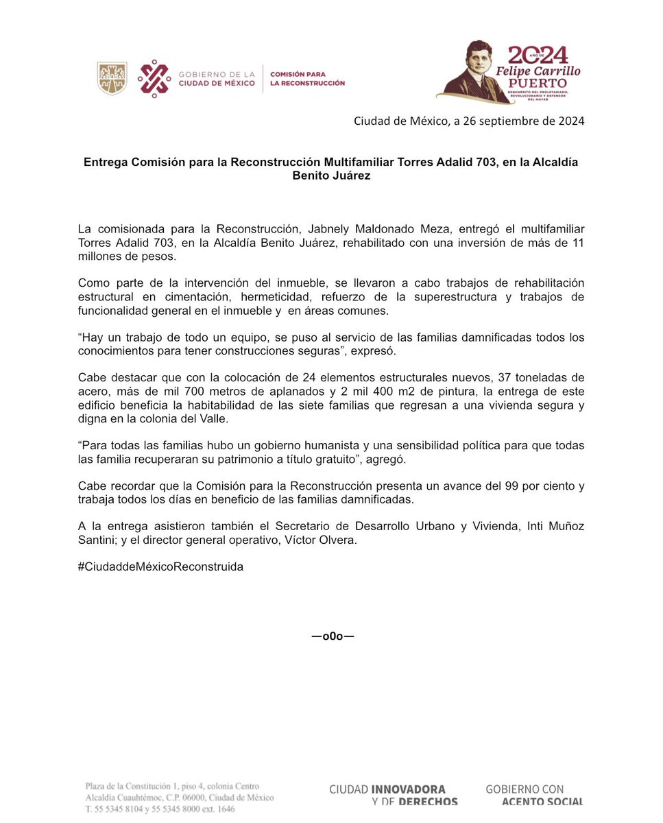🏢¡CUMPLIMOS! 🏢

En la Comisión para la Reconstrucción entregamos el Multifamiliar Torres Adalid 703 en la alcaldía Benito Juárez. 

#CiudaddeMéxicoReconstruida