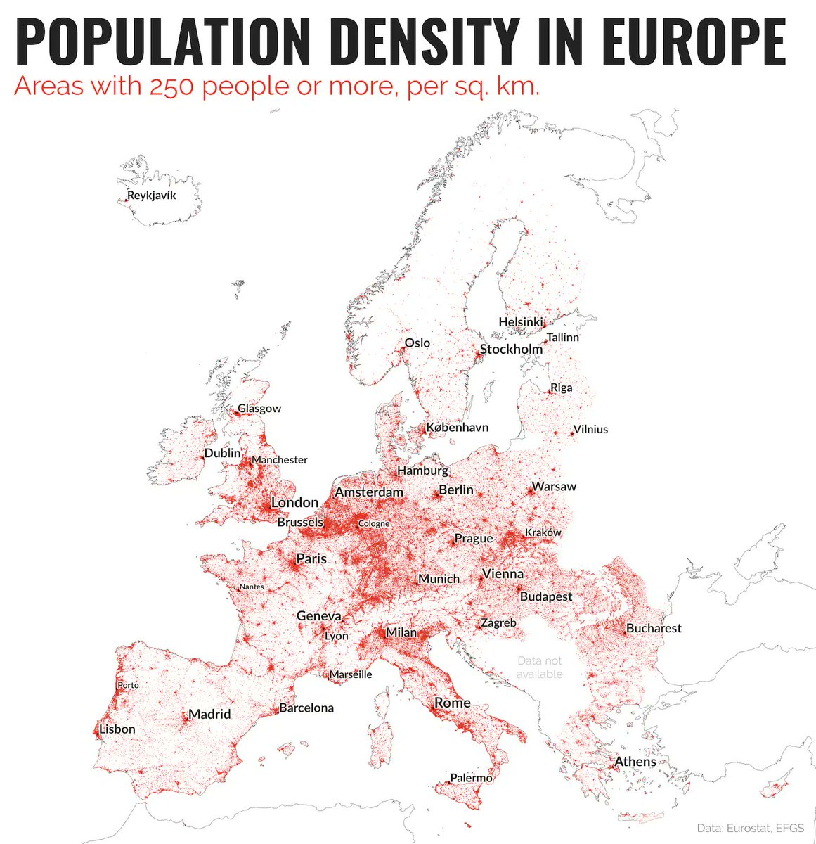 StatisticUrban's tweet photo. @AdrianGregory20 @NateSilver538 It's a quirk of the methodology. If you do dots based on >250/sqkm it goes away. But Ireland is not particularly urban (62.0%) and it is nearly completely inhabited (no mountains) so it looks that way on the criteria selected. https://t.co/hrGPurn1SW