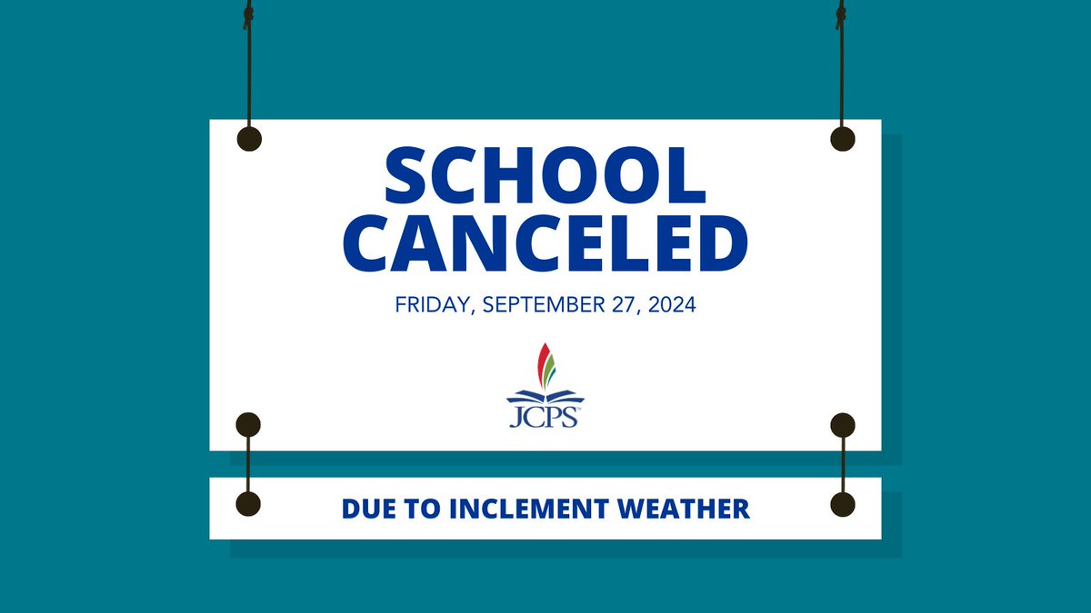 🚨 JCPS UPDATE | Due to forecasted inclement weather, there is no school for students and staff on Friday, Sept. 27, 2024. There will be no NTI for students. #WeAreJCPS