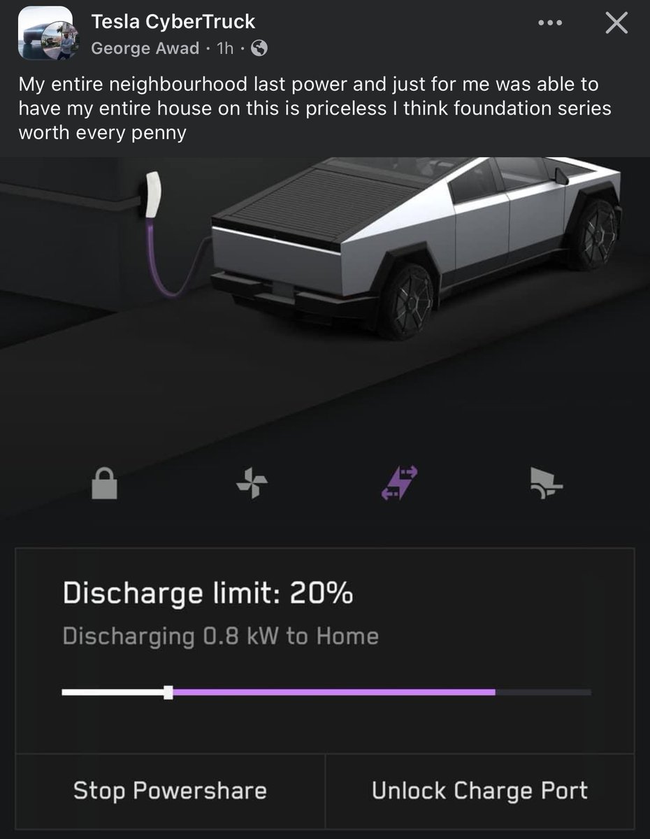 Cybertruck owner caught in Hurricane Helene in Florida:

“My entire neighbourhood last power and just for me was able to have my entire house on this is priceless I think foundation series worth every penny”