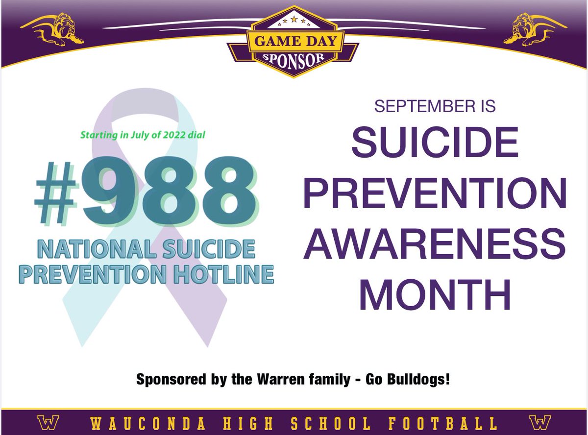 GOWHS_FOOTBALL's tweet photo. #BeThe1To is the 988 Suicide &amp; Crisis Lifeline’s message for National Suicide Prevention Month and beyond, which helps spread the word about actions we can all take to prevent suicide. This message is brought to you by the Warren Family! https://t.co/2WqP4pbDT6