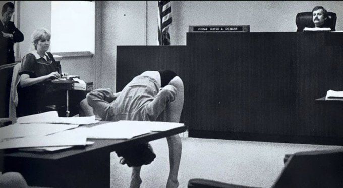 fasc1nate's tweet photo. A dancer bends over in front of the judge to show that her underwear was too large to expose anything anatomical.

In 1983, three exotic dancers were arrested by undercover officers for violating Pinellas County’s anti-nudity ordinance. 

The dancers argued that their shorts were too big to show anything. The judge ended up agreeing with the dancers and the case was dismissed.