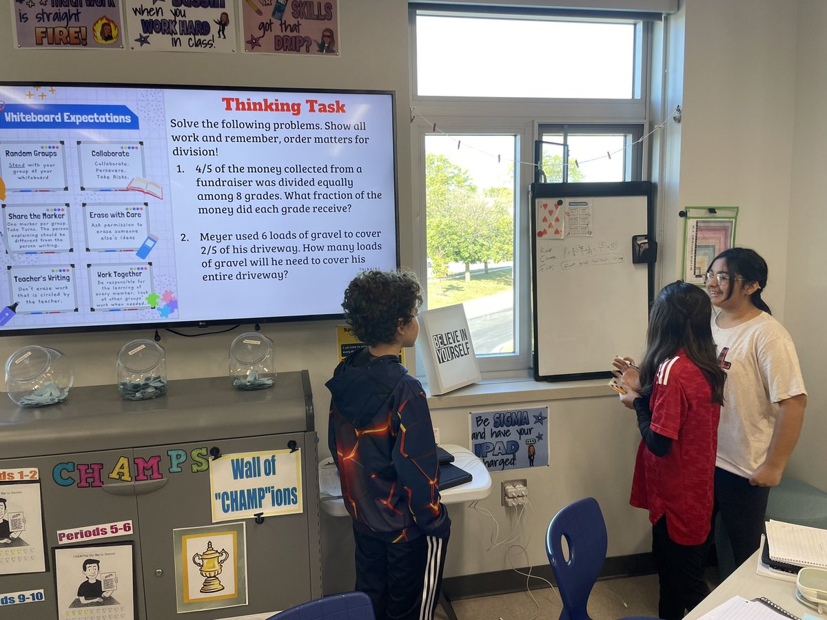 KaitlinBowker's tweet image. Dividing fractions word problems practice for our thinking task in #6thgrademath yesterday in preparation for our quiz. Don’t forget that order matters for division! #buildingthinkingclassrooms @LincJrHi