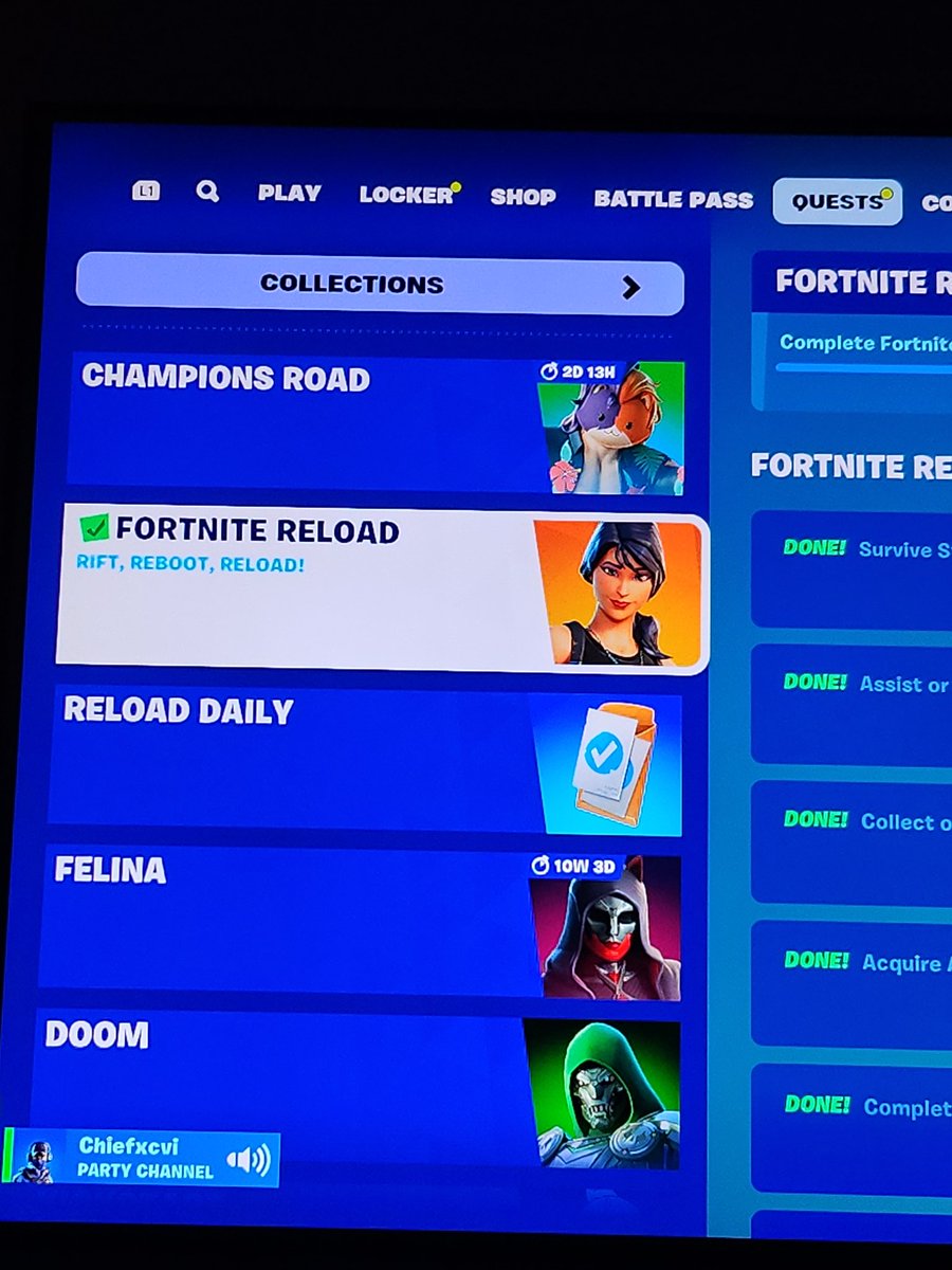 vanaism08's tweet photo. @FortniteStatus Hi @FortniteStatus I'm not sure what's going on with my Reload Quests, but it's telling me I need to complete 9/9 quest to get the Nana Bath back bling. However, only 8/9 quest are showing completed and there is no more quest for me to complete. Can you fix this please? https://t.co/xANJOn3s2y