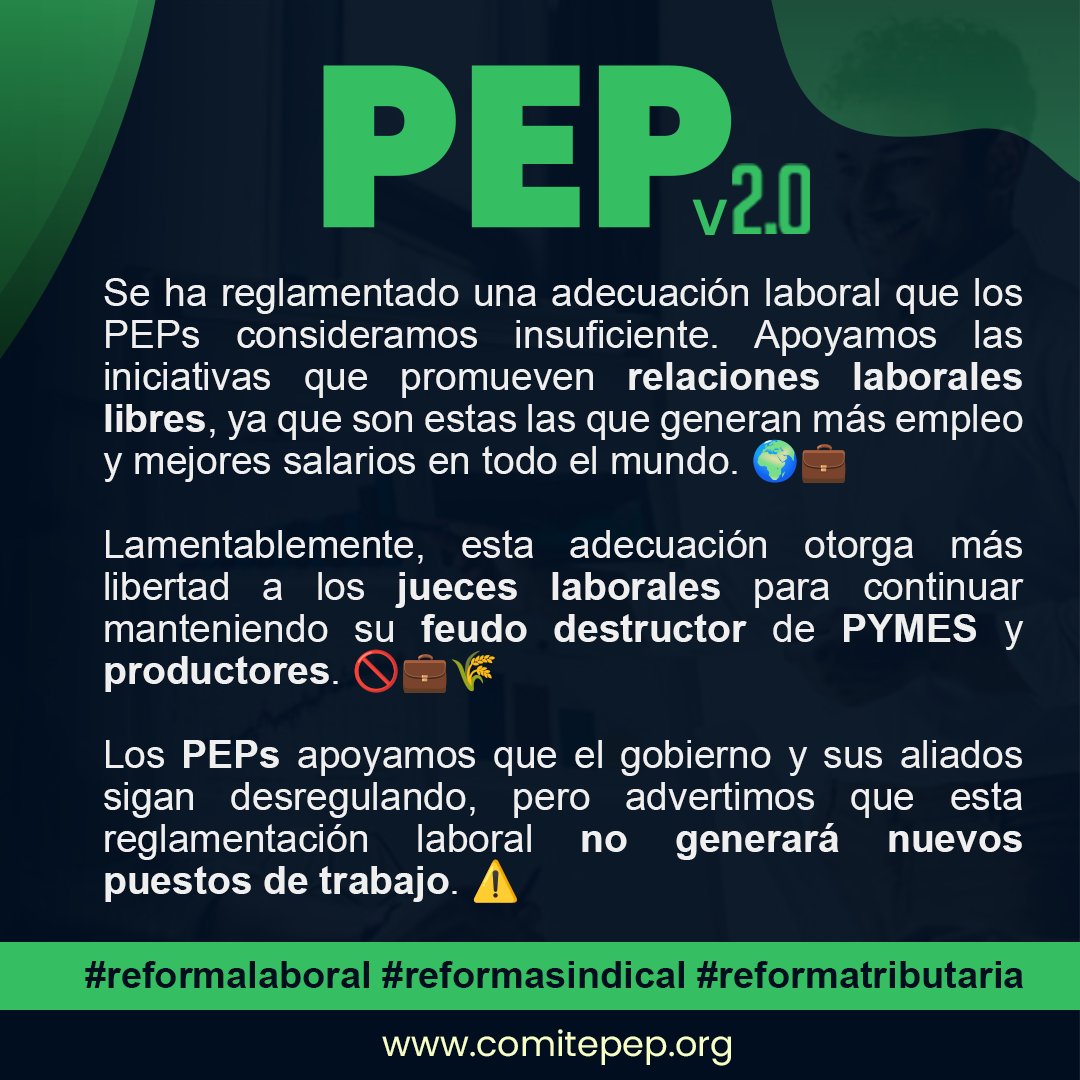 UNEPP_AR's tweet photo. Se ha reglamentado una adecuación laboral que los PEPs consideramos insuficiente. Apoyamos las iniciativas que promueven relaciones laborales libres, ya que son estas las que generan más empleo y mejores salarios en todo el mundo. 🌍💼

Lamentablemente, esta adecuación otorga más https://t.co/w6QXdY8eG8