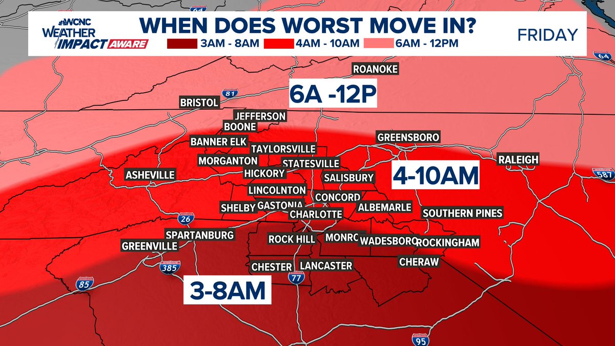 The latest timing for when the worst parts of #Helene will move in. Heavy rain, gusty winds to 60mph and isolated tornadoes with these bands early in the morning on Friday. #cltwx #ncwx #scwx #wcnc #wxbrad