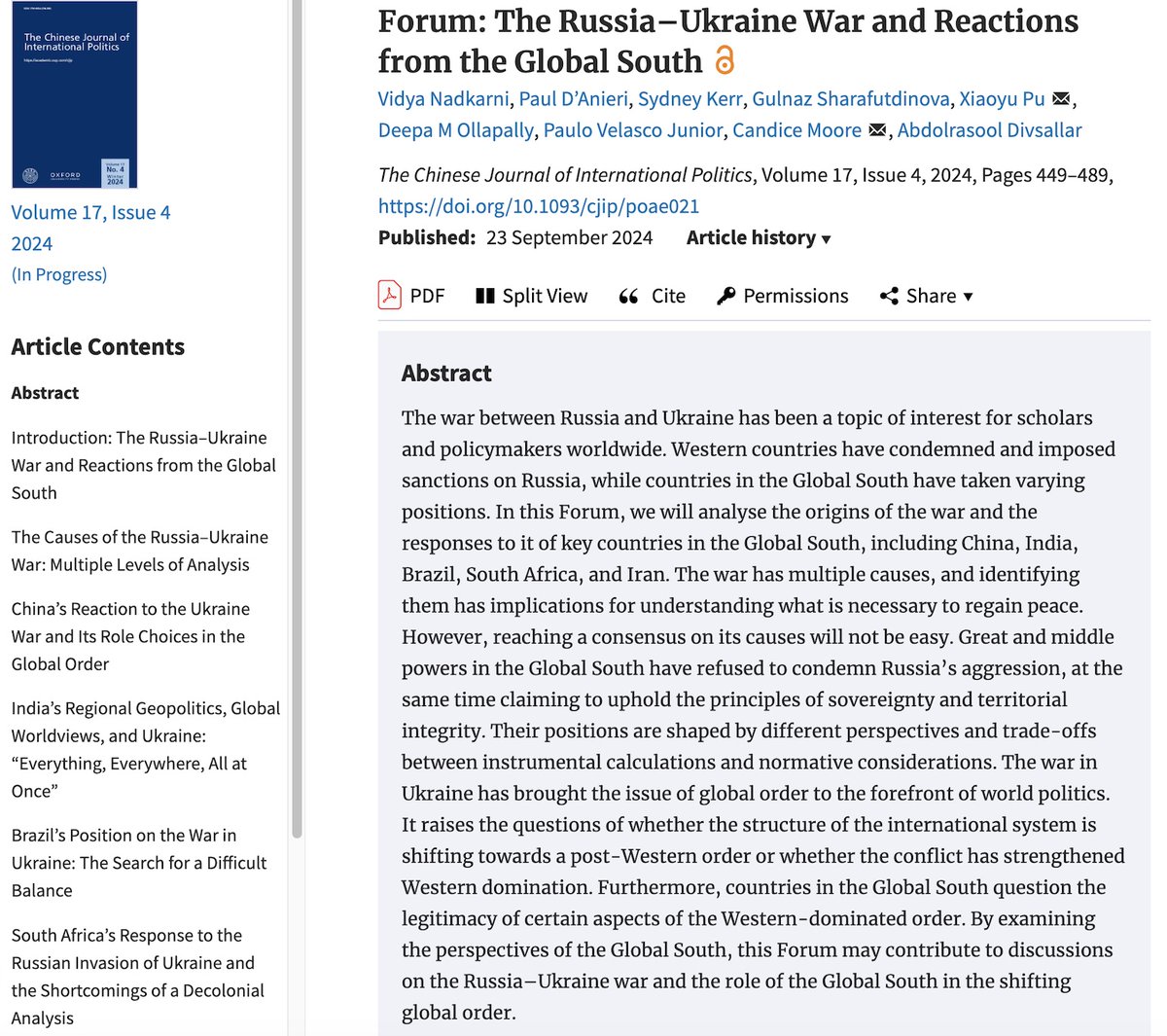 pu_xiaoyu's tweet photo. Our latest @cjip_journal long article explores how  Global South countries, including Brazil, India, China, South Africa, and Iran, respond to the Russia-Ukraine War and how their reactions impact the global order (Open access) @unrpolisci @CWPColumbia 
https://t.co/vJrs7XQ4kV https://t.co/V9ohlfkABO