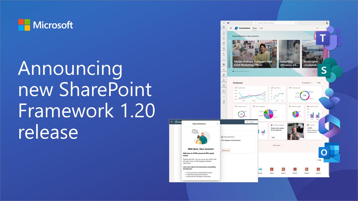 💡 General availability  of #SharePoint Framework 1.20 is now available

- New chart card options for Viva Connections 📊
- New HTML powered quick views ✨
- and more…

Feedback welcome 👋

See details and demos → msft.it/6015m5blW

#Microsoft365dev #MicrosoftViva #SPFx
