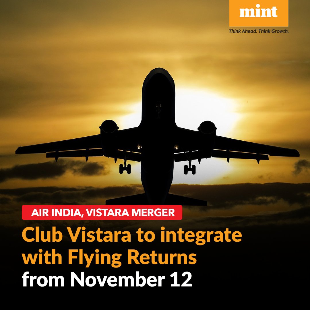 livemint's tweet photo. #AirIndia and #Vistara are set to complete their merger on November 12, 2024. As part of this integration, Vistara's frequent flyer program, #ClubVistara, will merge with Air India's #FlyingReturns program.
Read here: https://t.co/edTfVlOusE https://t.co/XU5CRfA6K9