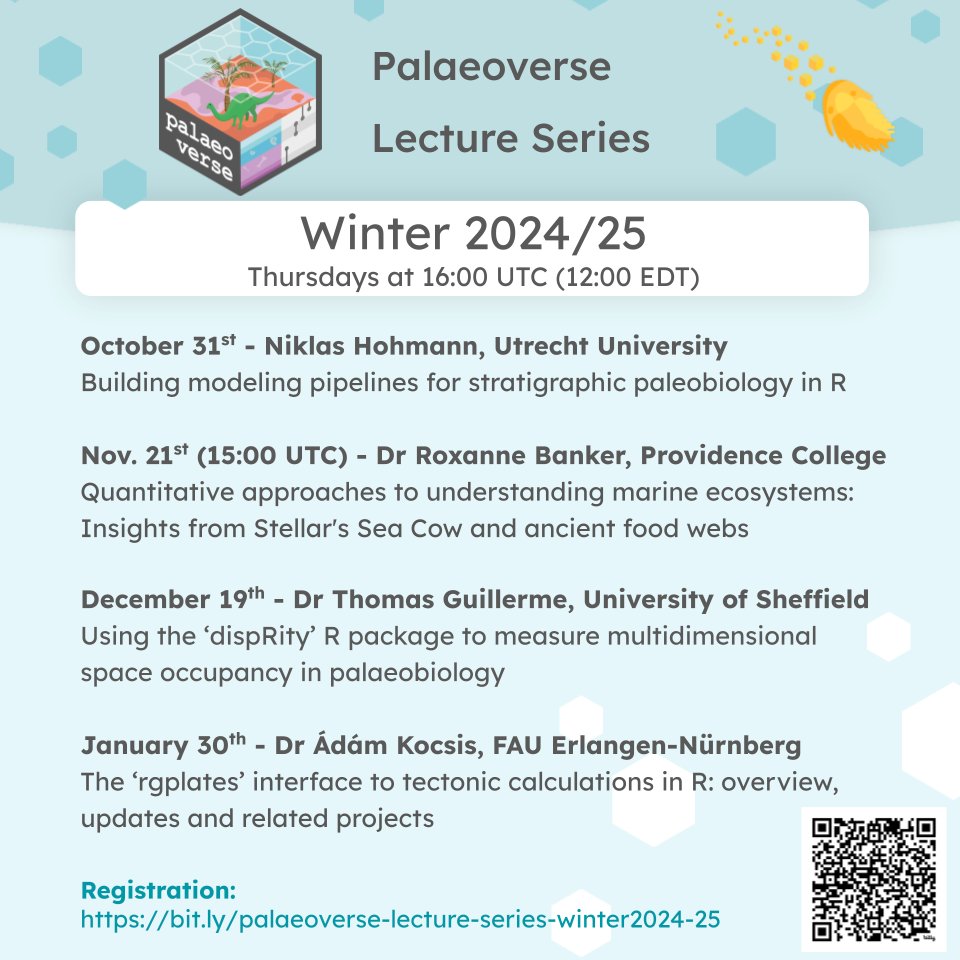 🚨 Winter Lecture Series 🚨

We're excited to share our next line up of speakers in the series bringing you stratigraphy, food webs, disparity, and tectonics!

Registration (re-registration required)! ⬇️
🔗 bit.ly/palaeoverse-le…

#Palaeontology #Palaeobiology #FossilFriday