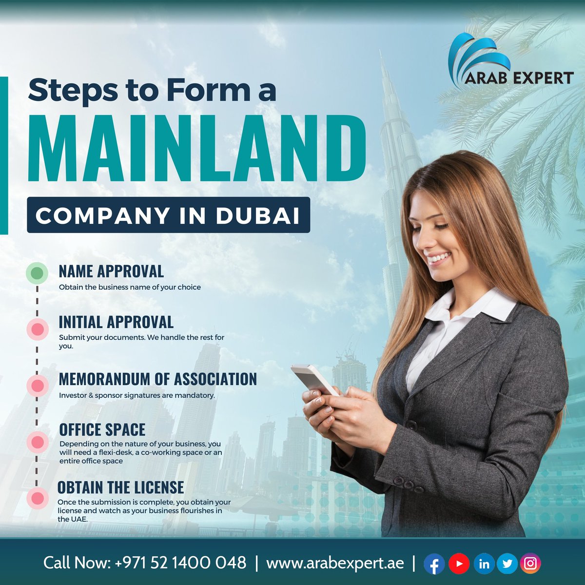 arabexpertae's tweet photo. Steps to Form a Mainland Company in Dubai

✅ Name Approval
✅ Initial Approval
✅ Memorandum of Association
✅ Office Space
✅ Obtain the License
.
✅ WhatsApp 📞 +971 52140 0048
🌐 https://t.co/3Pu4Lkz8cf
.
#UAEBusinessSetup #arabexpert #dubaigoldenvisa #dubai #dubaibusiness https://t.co/ryLhyDzdB2