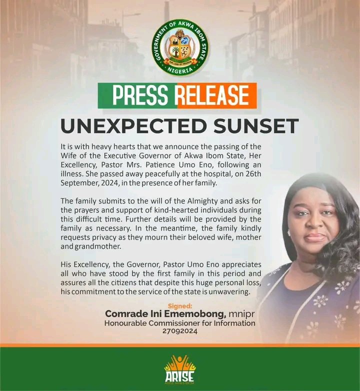 IdiongoUdoh_'s tweet photo. My deepest condolences to Gov. @_PastorUmoEno &amp; the entire family on the passing of our beloved First Lady, Pastor Patience Umo Eno. Her grace &amp; compassion touched many lives. May God grant the family &amp; Akwa Ibom State the strength to bear this profound loss. #RIPFirstLady 🕯️💔😭 https://t.co/tR9l49oGMP