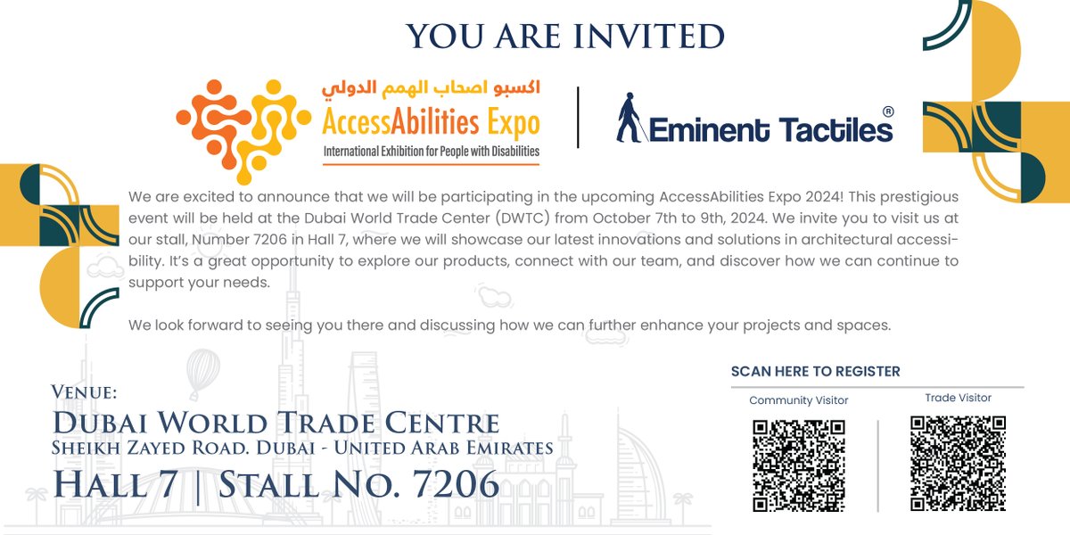 eminenttactiles's tweet photo. 🌟Eminent Tactiles at AccessAbilities Expo 2024! 🌟

Join us Oct 7-9 at Dubai World Trade Centre, Hall 7, Stall 7206. Discover our latest in accessibility solutions! Register via QR. 

#AccessAbilities2024 https://t.co/u6lJfxzhQe