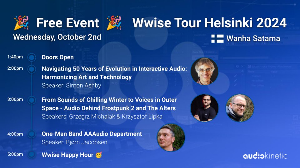 Will we see you next week at #Wwise Tour Helsinki? RSVP for this special FREE event at <a href="/PGConnects/">Pocket Gamer Connects</a> Helsinki! 🎧 With <a href="/CujoSound/">Bjorn Jacobsen / Cujo Sound</a>, Simon Ashby, <a href="/11bitstudios/">11 bit studios | Moonlighter 2 EA OUT NOW</a>! 
🎟️ FREE event - limited spots!
📅 October 2, 2024
📍 Wanha Satama, Helsinki
🔗 RSVP: hubs.ly/Q02RjFd70