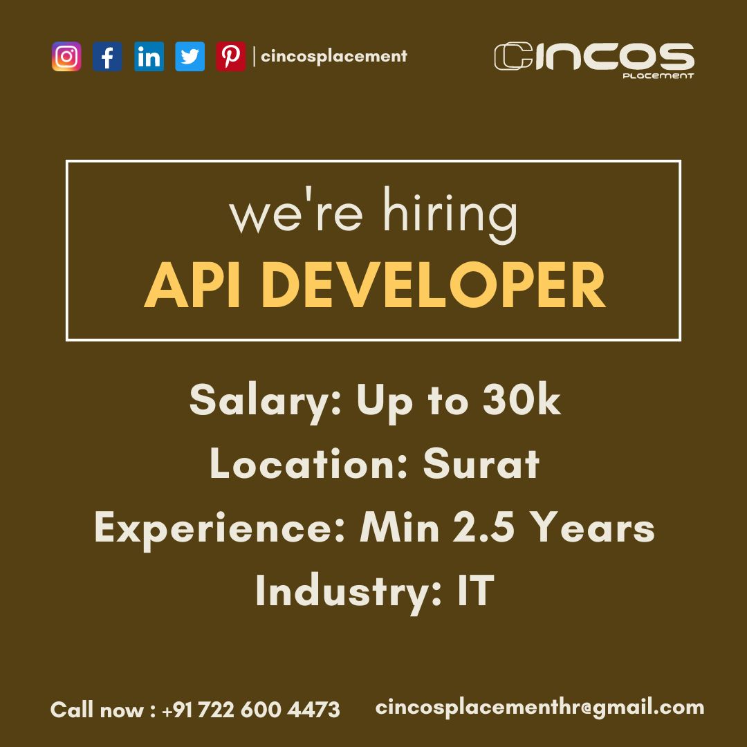 cincosplacement's tweet image. API Developer wanted! Elevate your career with top IT job placement services in Surat. Apply now!
Contact Us
Phone : +91 72260 04473
#APIDeveloper #SuratJobs #BackendDevelopment #JobOpportunities #TopITPlacementConsultancyInSurat #ITJobPlacementInSurat