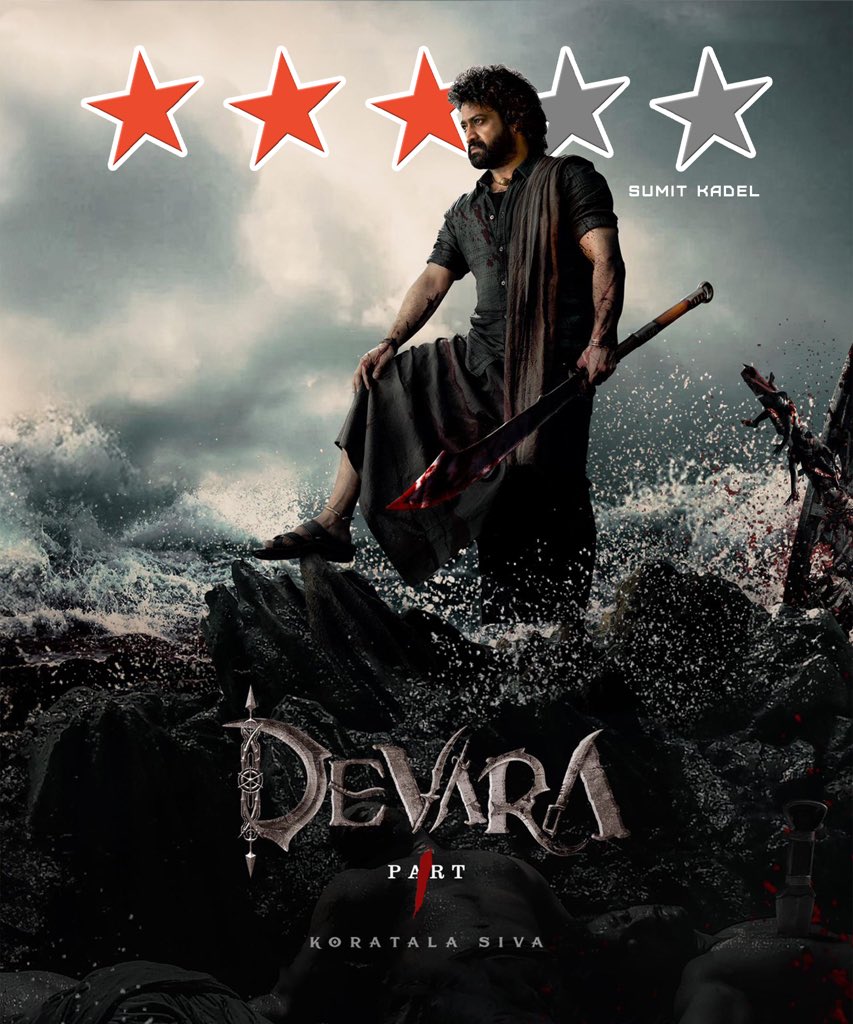 SumitkadeI's tweet photo. #DevaraReview

Rating - ⭐️⭐️⭐️

#Devara is a well crafted entertainer loaded with some electrifying high points and elevation for the masses. 

The first half is well-constructed with a gripping build-up , terrific action sequences and a powerful interval block. However, the second half falls short, dragging at points, though the climax twist is quite good .

#NTR delivers a phenomenal performance, single-handedly raising the film's impact with his unmatched intensity and dialogue delivery.

#JanhviKapoor provides brief comic relief with her 5-minute cameo, while #SaifAliKhan as Bhairava gives a decent performance.

Director Koratala Siva offers a one-time watch that could have been more engaging with a tighter, more thrilling second half.