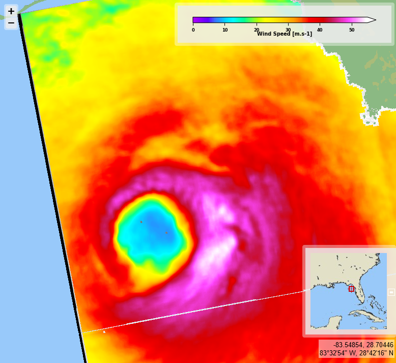 CYMS_S1's tweet photo. Hurricane #John (again), eastern Pacific and #Helene, Gulf of Mexico. @ESA_EO acquisitions on 2024/09/26 on 12:43 &amp; 23:37 UTC resp., for #2024SHOC from @CopernicusEU #Sentinel1 A. Max sustained wind velocities (left) resp. around 45 and 55 m/s, derived from SAR roughness (right). https://t.co/K89IvpIP14