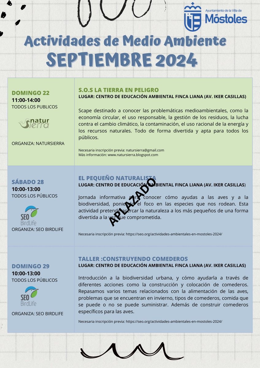 La actividad del pequeño naturalista queda aplazada al 20 de octubre.