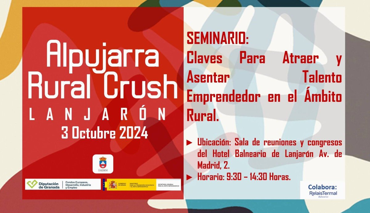 aemprende's tweet photo. 🌿 𝑨𝒍𝒑𝒖𝒋𝒂𝒓𝒓𝒂 𝑹𝒖𝒓𝒂𝒍 𝑪𝒓𝒖𝒔𝒉

📌3 octubre 🕤9:30 h.
🗺️ Hotel Balneario #Lanjarón (#Granada)

🗣️ Conferencia de nuestro director general, @daniescacena, sobre fomento del #emprendimiento en el medio rural andaluz.

📝 https://t.co/Li1Qp1pHlD
📩 alpujarra@audakia.com https://t.co/lOUI4z9BuH