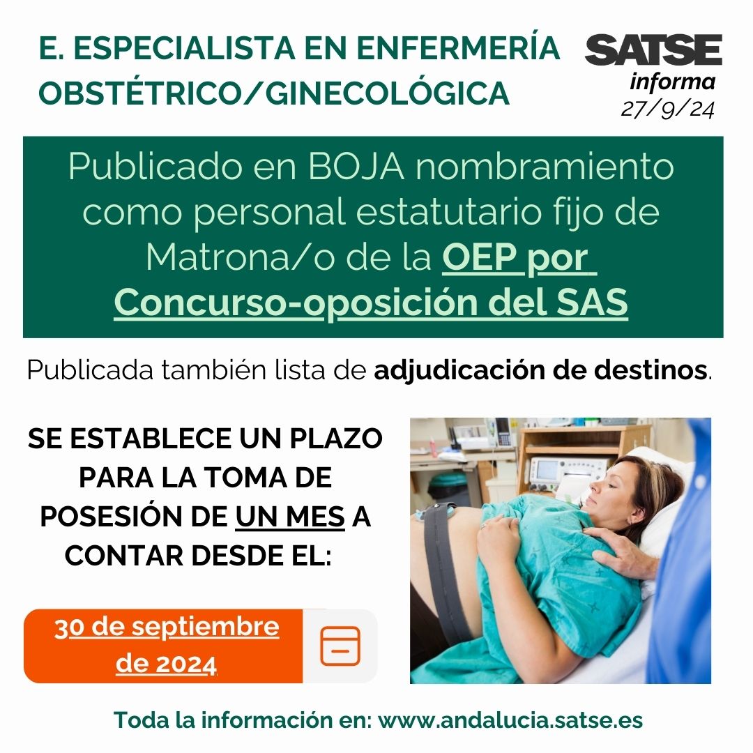 SATSE_Andalucia's tweet photo. 🤰 Publicada en BOJA resolución por la que se nombra personal estatutario fijo en la categoría de #Matrona/o del Concurso-oposición del SAS.
🗓️ Plazo la toma de posesión de un mes improrrogable a contar desde el 30 septiembre de 2024.
🔗https://t.co/3xSdolphWs https://t.co/tXqT7kgbY8