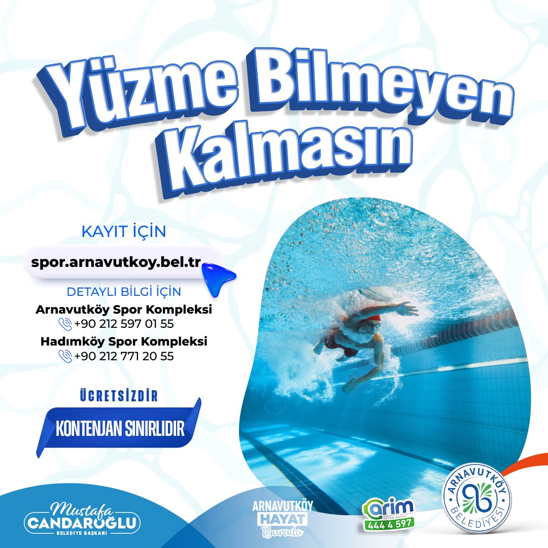 ArnavutkoyBel's tweet photo. 📣 Yüzme Bilmeyen Kalmasın! 🌊

Arnavutköy Belediyesi ücretsiz yüzme kurslarımıza katılarak yüzme öğrenmek isteyen herkesi bekliyoruz. 🏊‍♂️

🔹 Kayıt ve Detaylar İçin: https://t.co/NiiDZ0HSTP

#ArnavutköyHayatBurada #YüzmeBilmeyenKalmasın https://t.co/2sAhiB6fCL