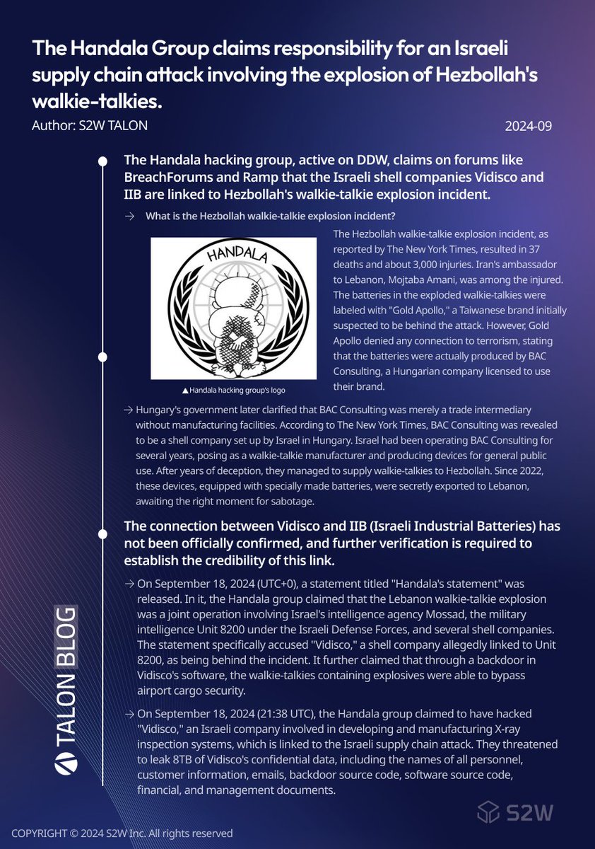S2W has published an analysis report on the #Handala Group.

The report details Handala's claim of responsibility for the #Israeli supply chain attack related to the #Hezbollah walkie-talkie explosion incident.

For the full report, please contact us.
👉 s2w.inc/en/contact