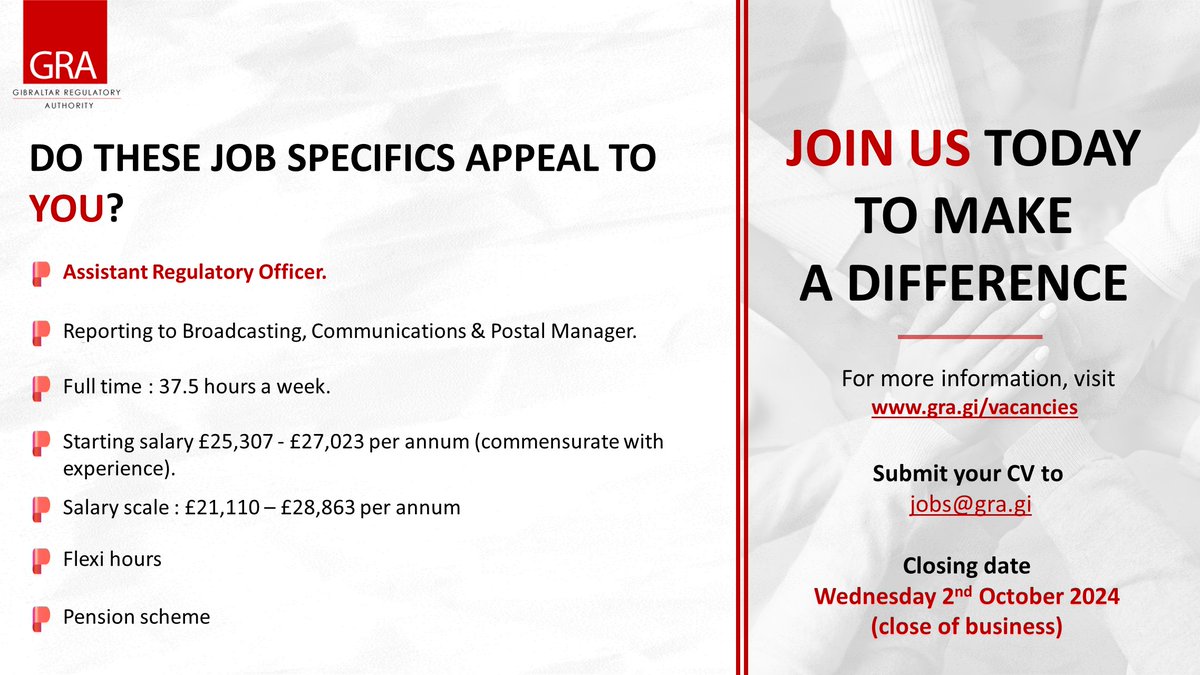 If you're excited about the following job specifics we want to hear from you! This is your chance to join the Broadcasting, Communications &amp; Postal Services Division within the GRA.
 
Applications must be submitted to jobs@gra.gi by Wednesday 2nd October, 2024 (close of business)