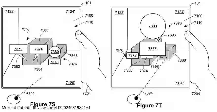 PatentPulse's tweet photo. #Apple's latest patent application #US20240319841A1 reveals innovative methods for interacting with 3D environments. The system detects inputs to preview and navigate virtual objects, adjusting views based on device movement. #patent #3D #virtualobjects #tech #ApplePatent $AAPL https://t.co/zG0pvSRyJ1