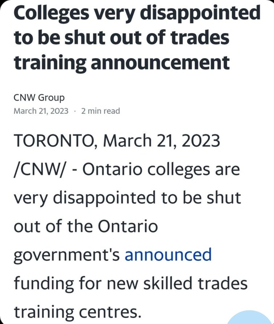 Freire1Pb's tweet photo. Ontario, not many aware, Jill Dunlop and Doug Ford spent around $450 million taxpayer dollars on a private trades training centres instead of funding Ontario Colleges of trades. https://t.co/bthK8M4IsB