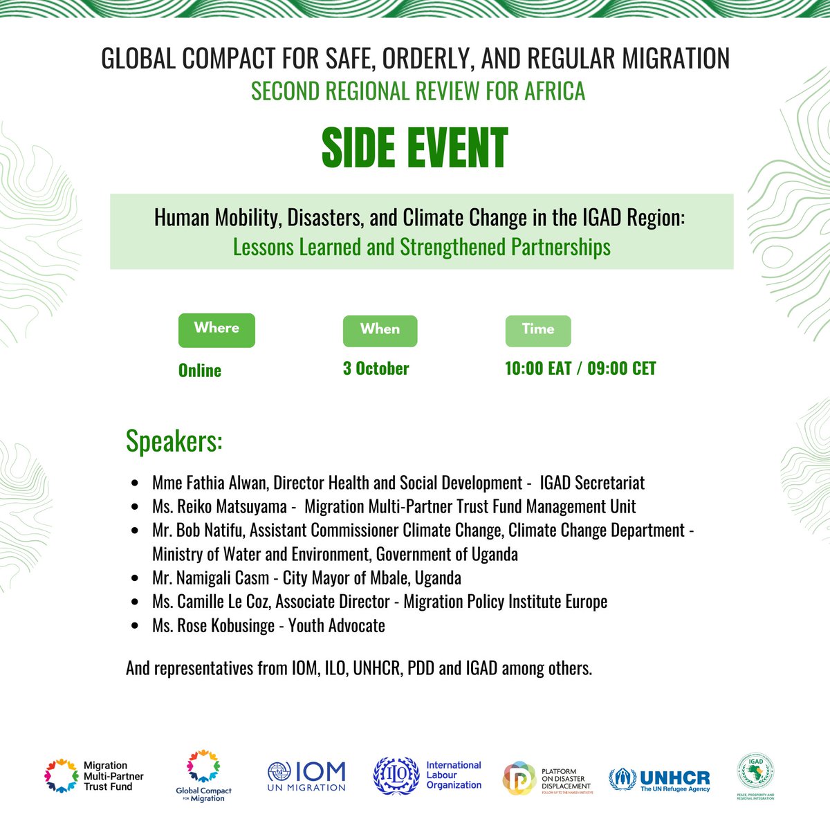 IOM_EHSA's tweet photo. Join us at the sidelines of #GCM Africa review for a virtual event on Human Mobility, Disasters, and Climate Change in the IGAD Region.

📅 3 October 2024
⏰ 10:00 EAT / 09:00 CET

Register here: https://t.co/33IN1dcBSS https://t.co/MaVbnMYxsR
