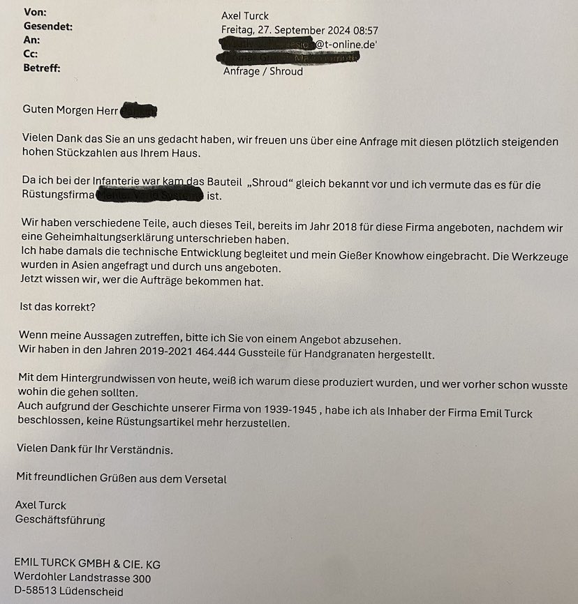 Aus dem Geschäftsleben von soeben:
Mein Beitrag keine Rüstungsproduktion mehr bei Fa. Emil Turck zuzulassen!
Menge soll von 2000 auf 150.000 steigen!
Anfrage abgelehnt!
Verhandlungen statt Eskalation!
Reden anstatt zu schießen!