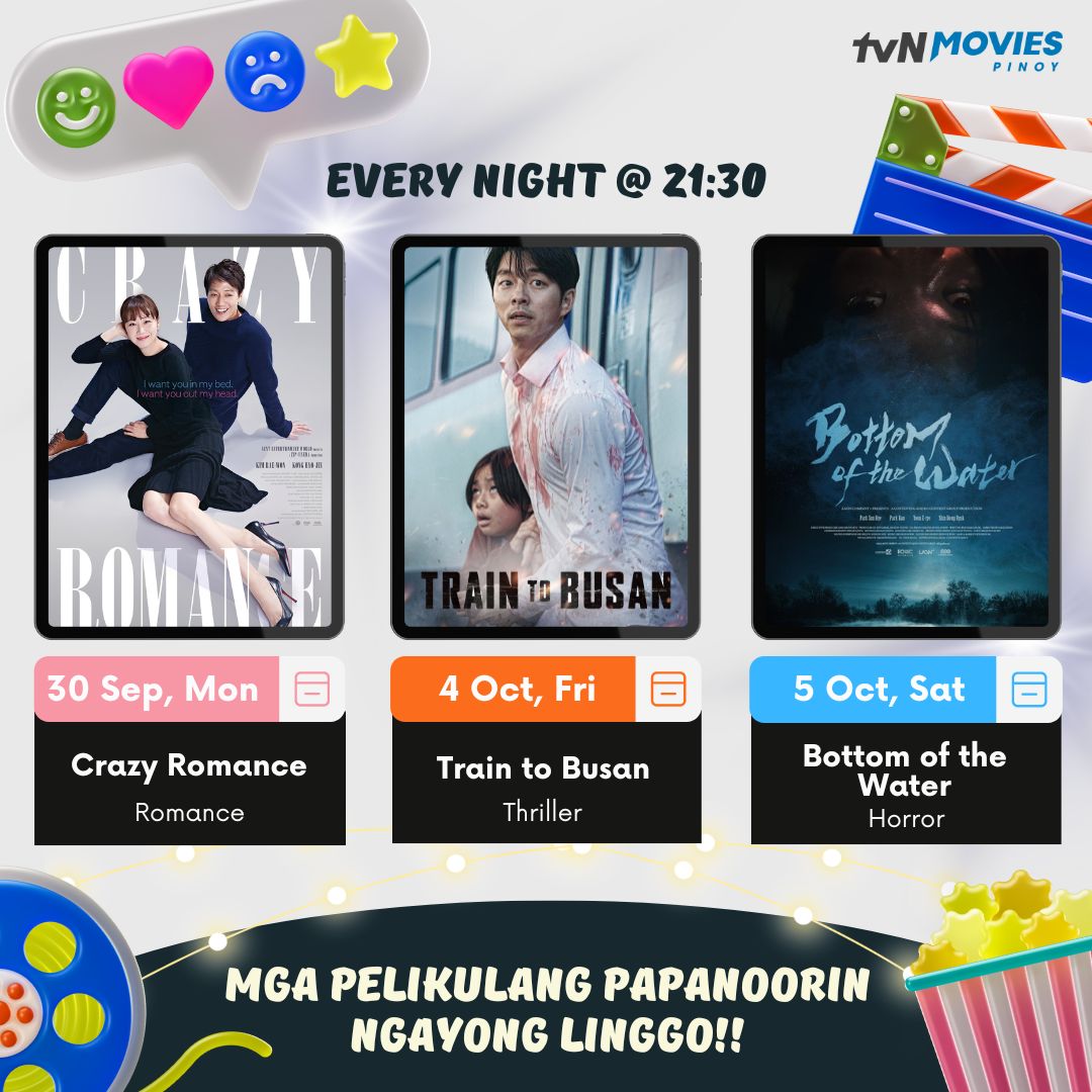 tvN_Movies's tweet photo. 😍 Movies to catch on #tvNMoviesPinoy
9:30pm 🇵🇭

30 Sep #CrazyRomance
#GongHyoJin #KimRaeWon

4 Oct #TrainToBusan
#GongYoo #JungYuMi

5 Oct #BottomOfTheWater
#ParkSunHye #ParkRan #YoonYiReh

#HomeOfKoreanBlockbusters #가장보통의연애 #공효진 #김래원 #부산행 #공유 #정유미 #물귀신 https://t.co/XHI5gCTaeZ