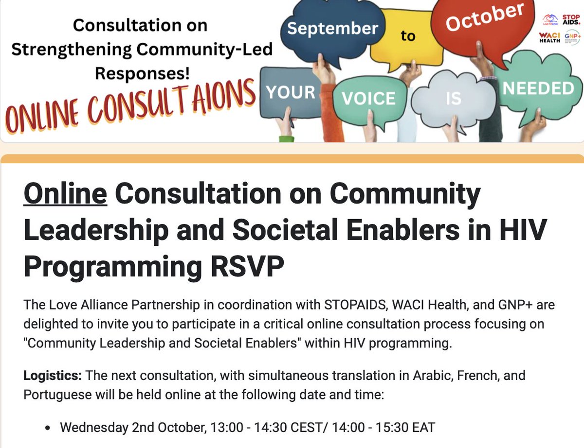 gnpplus's tweet photo. 📢online consultation

@STOPAIDS, @Aidsfonds, @WACIHealth, and @gnpplus are pleased to invite you to an #online consultation on Community Leadership and Societal Enablers (CLSE) within HIV programming.

Date: Wednesday, 2nd October
Time: 13:00 - 14:30 CEST / 14:00 - 15:30 EAT
Link: https://t.co/4Fkf49Bgie

#CommunitiesFirst
#FutureWithCommunities
#EndHIV
#LoveAlliance