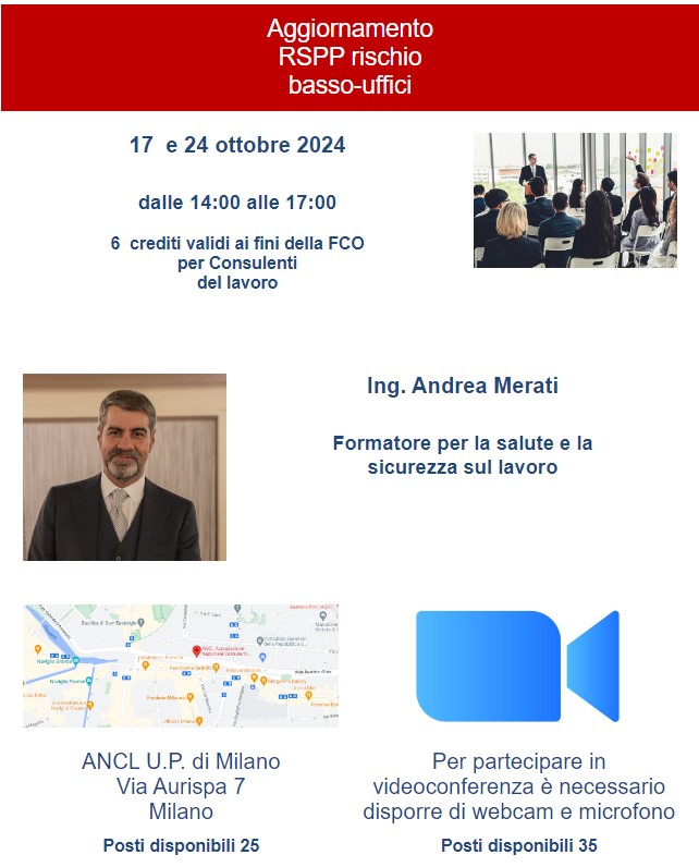 🔴AGGIORNAMENTO RSPP RISCHIO BASSO-UFFICI
📅17 e 24 ottobre 2024
🕕14:00 - 17:00
Ing. Andrea Merati, Formatore per la salute e la #sicurezzasullavoro
in videoconferenza 
LOCANDINA👇🏻 ancl.sgapro.it/locandina_cors… 
#FormazioneAnclMilano a cura di <a href="/ancl_mi/">ANCL UP Milano</a>