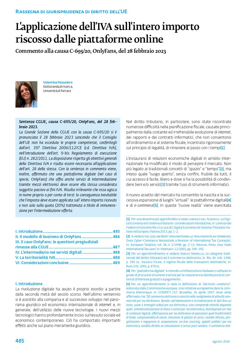 L'autrice discute la sentenza CGUE che impone l'IVA su tutto l'importo ricevuto da piattaforme digitali come OnlyFans, non solo sulla quota di intermediazione.

novitafiscali.ch/articoli/2024/…